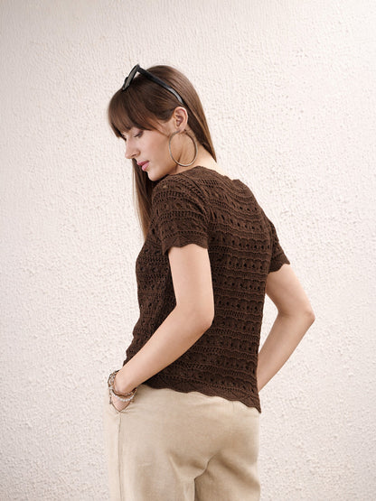 Brown Round Neck Crochet Top