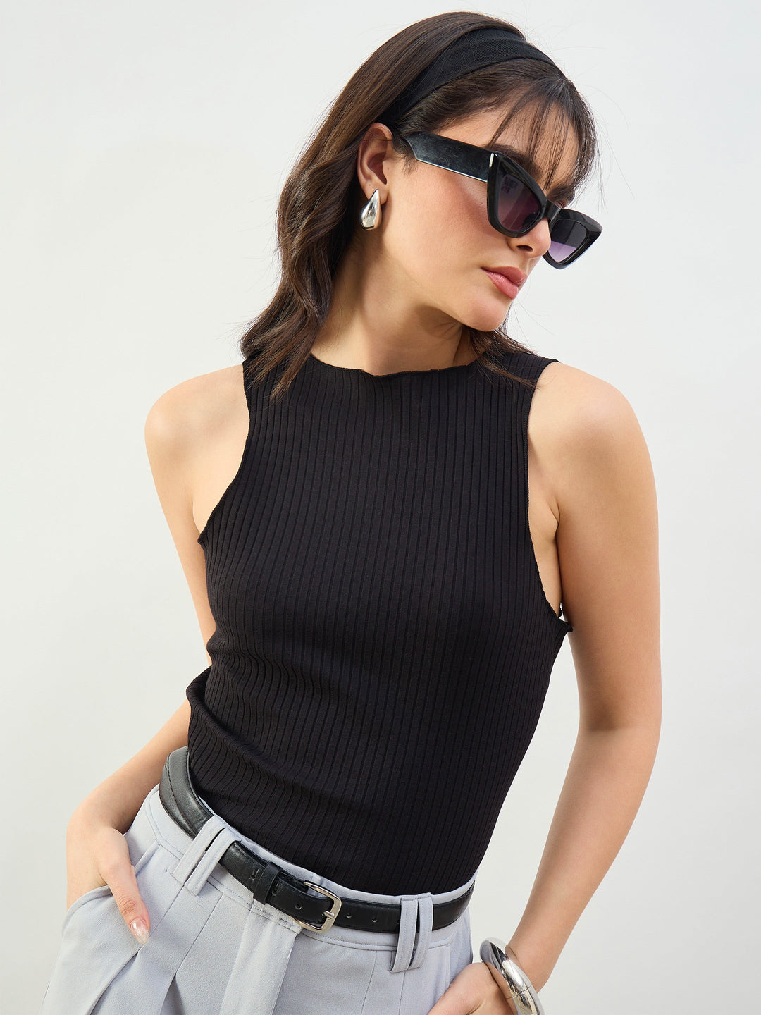 Women Black Rib Overlock Detail Tank Top