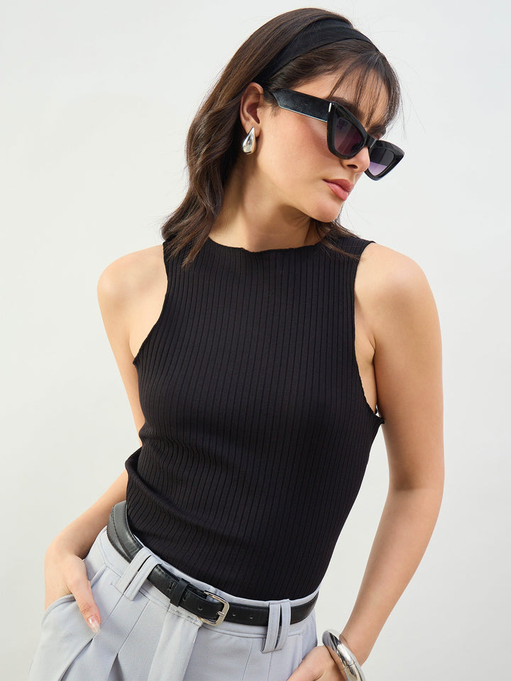 Women Black Rib Overlock Detail Tank Top
