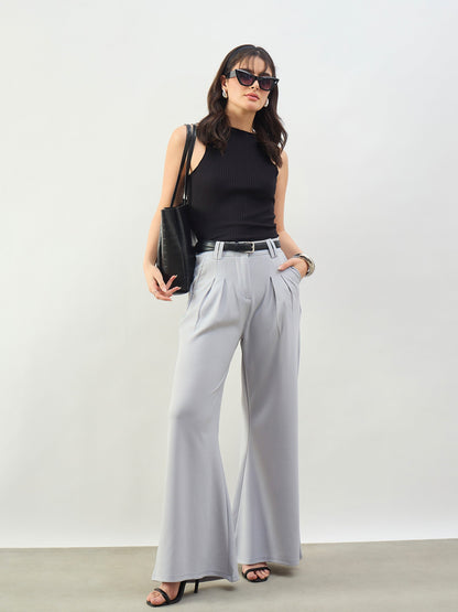 Women Black Rib Overlock Detail Tank Top