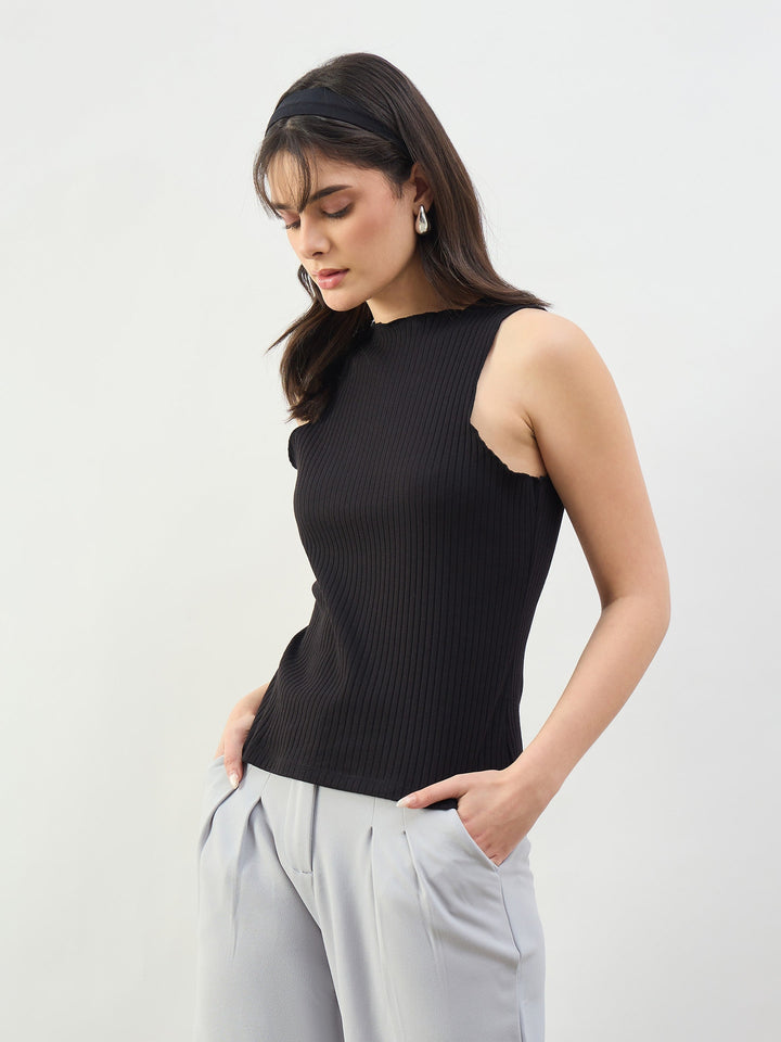 Women Black Rib Overlock Detail Tank Top