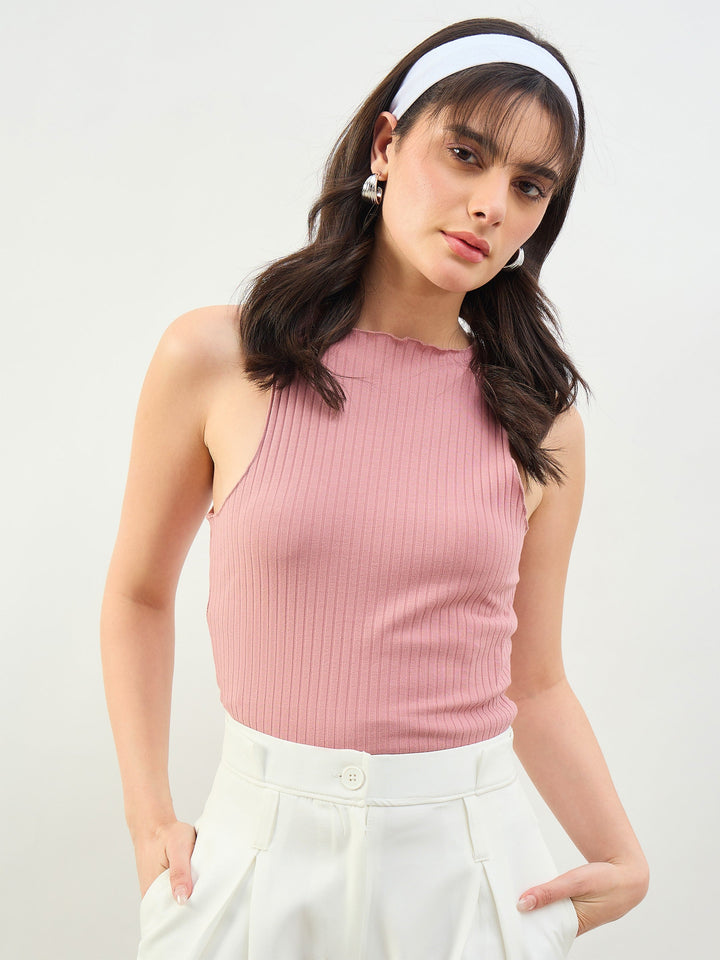 Women Pink Rib Overlock Detail Tank Top