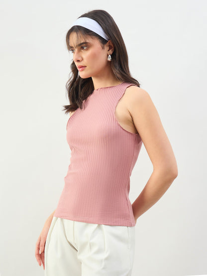 Women Pink Rib Overlock Detail Tank Top