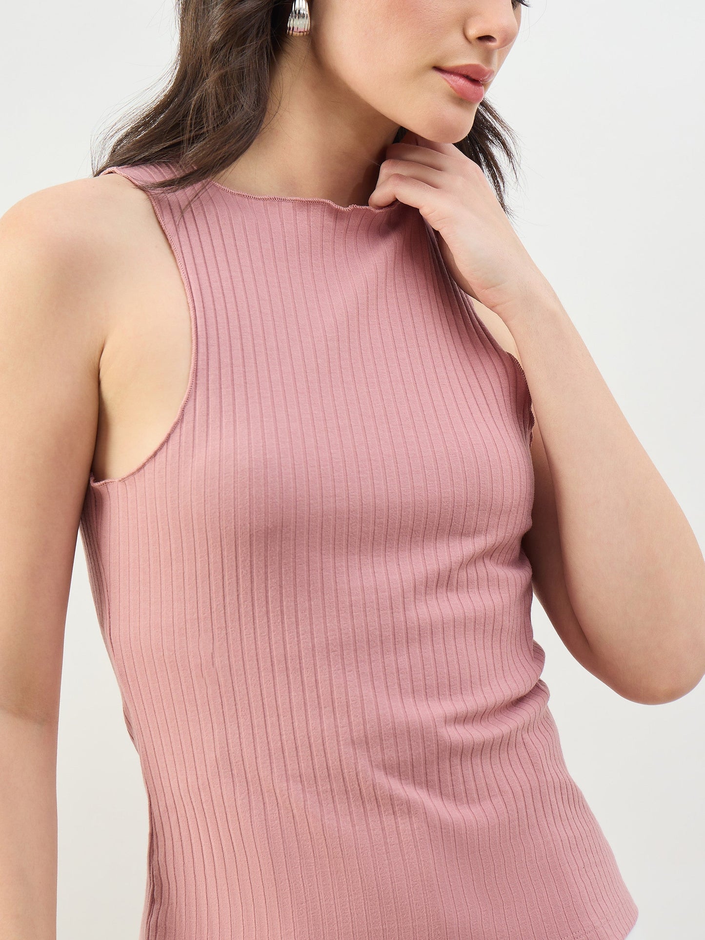 Women Pink Rib Overlock Detail Tank Top