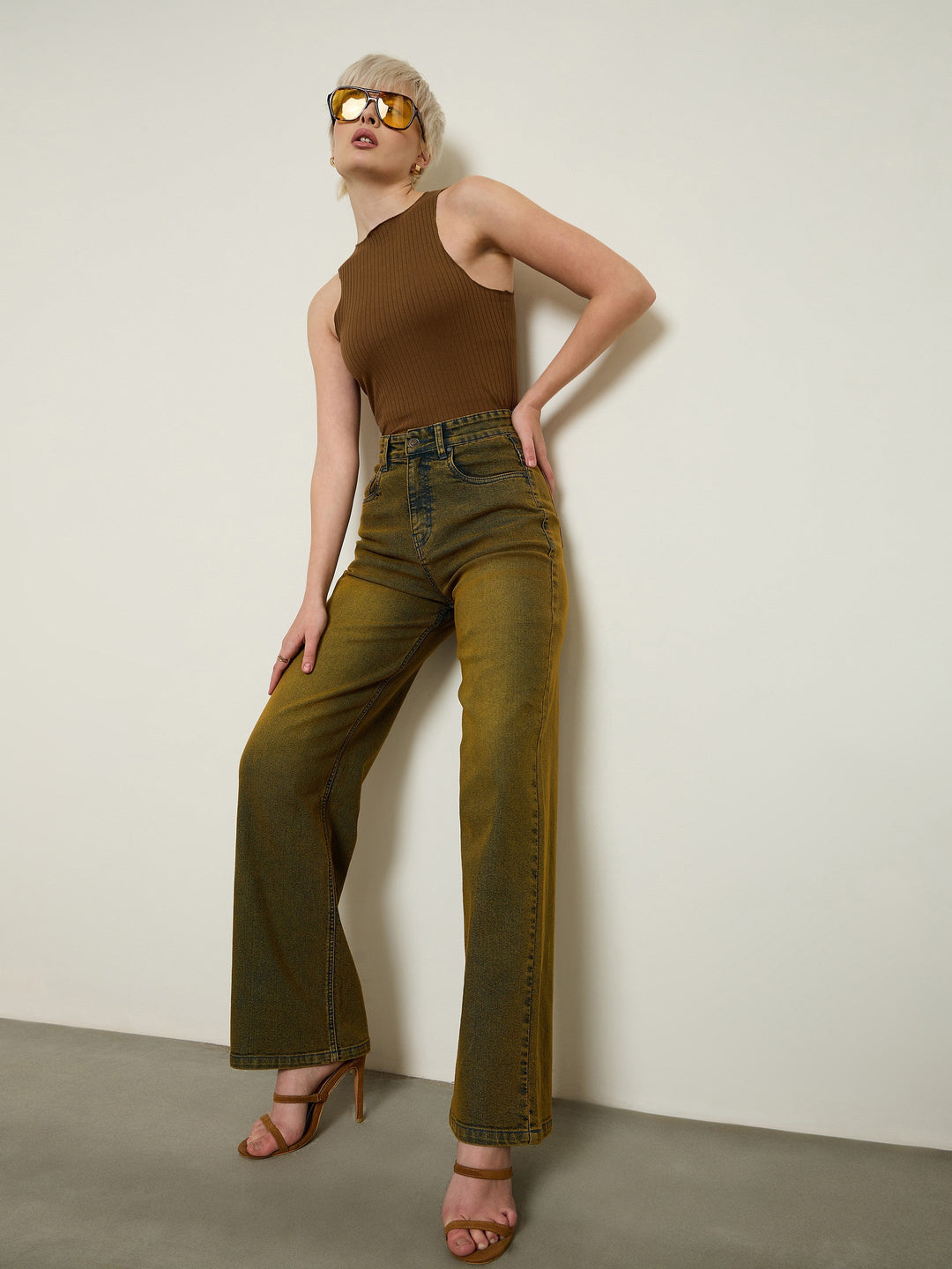 Women Tan Rib Overlock Detail Tank Top