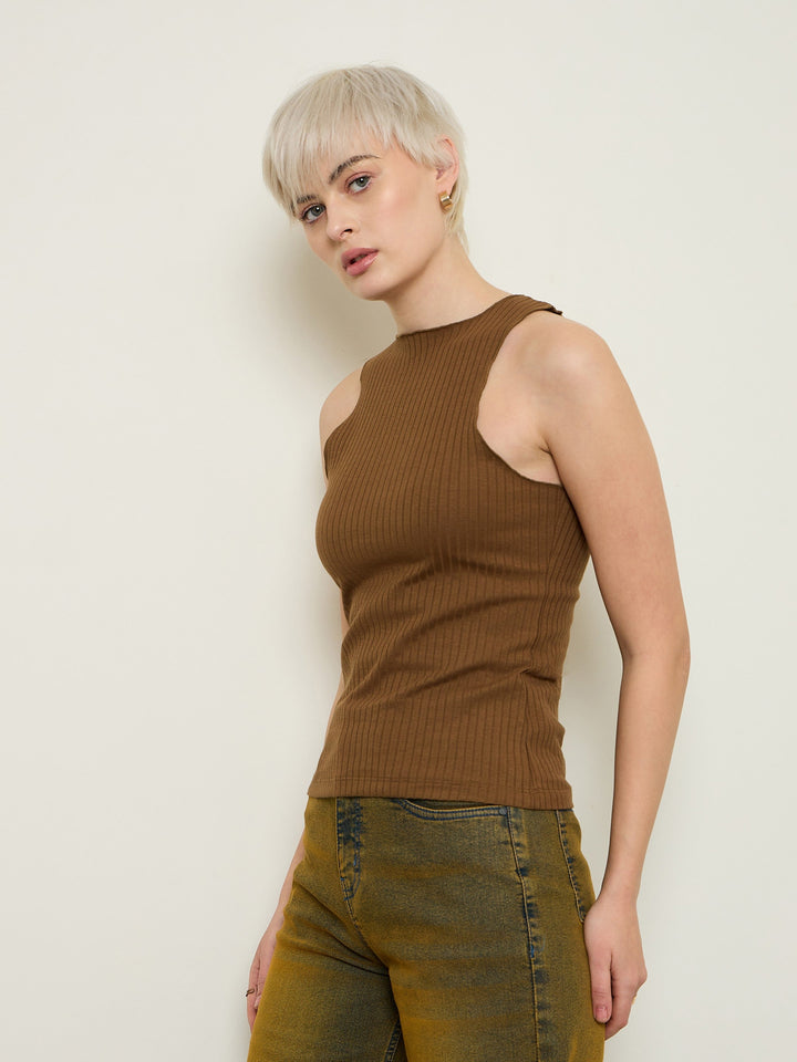 Women Tan Rib Overlock Detail Tank Top
