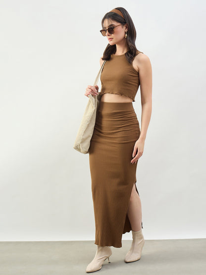 Women Tan Rib Overlock Hem Crop Tank Top