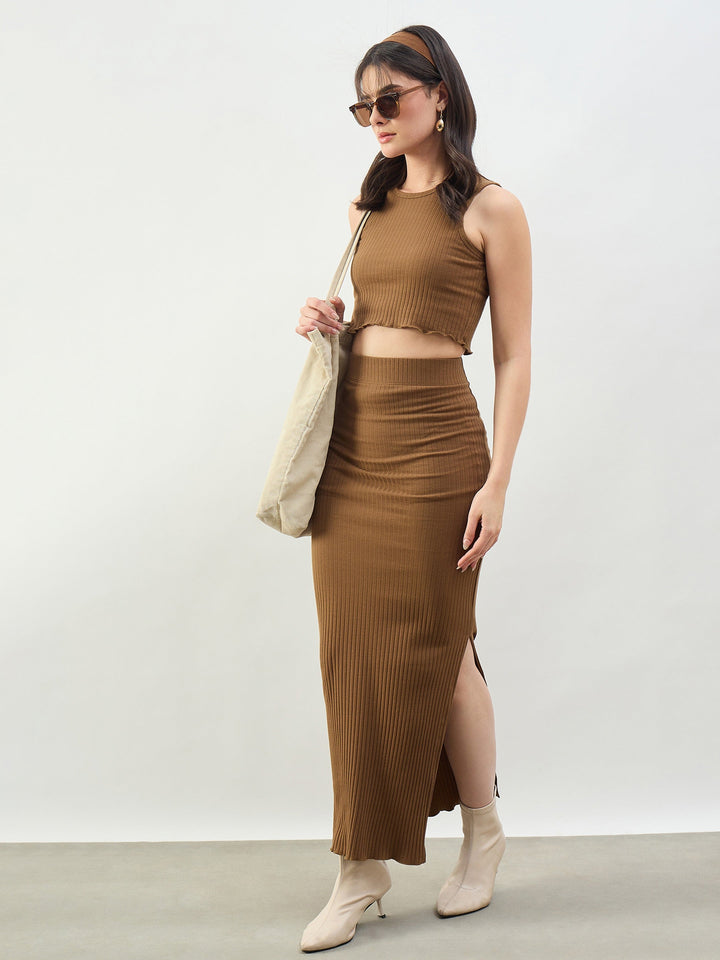 Women Tan Rib Overlock Hem Crop Tank Top