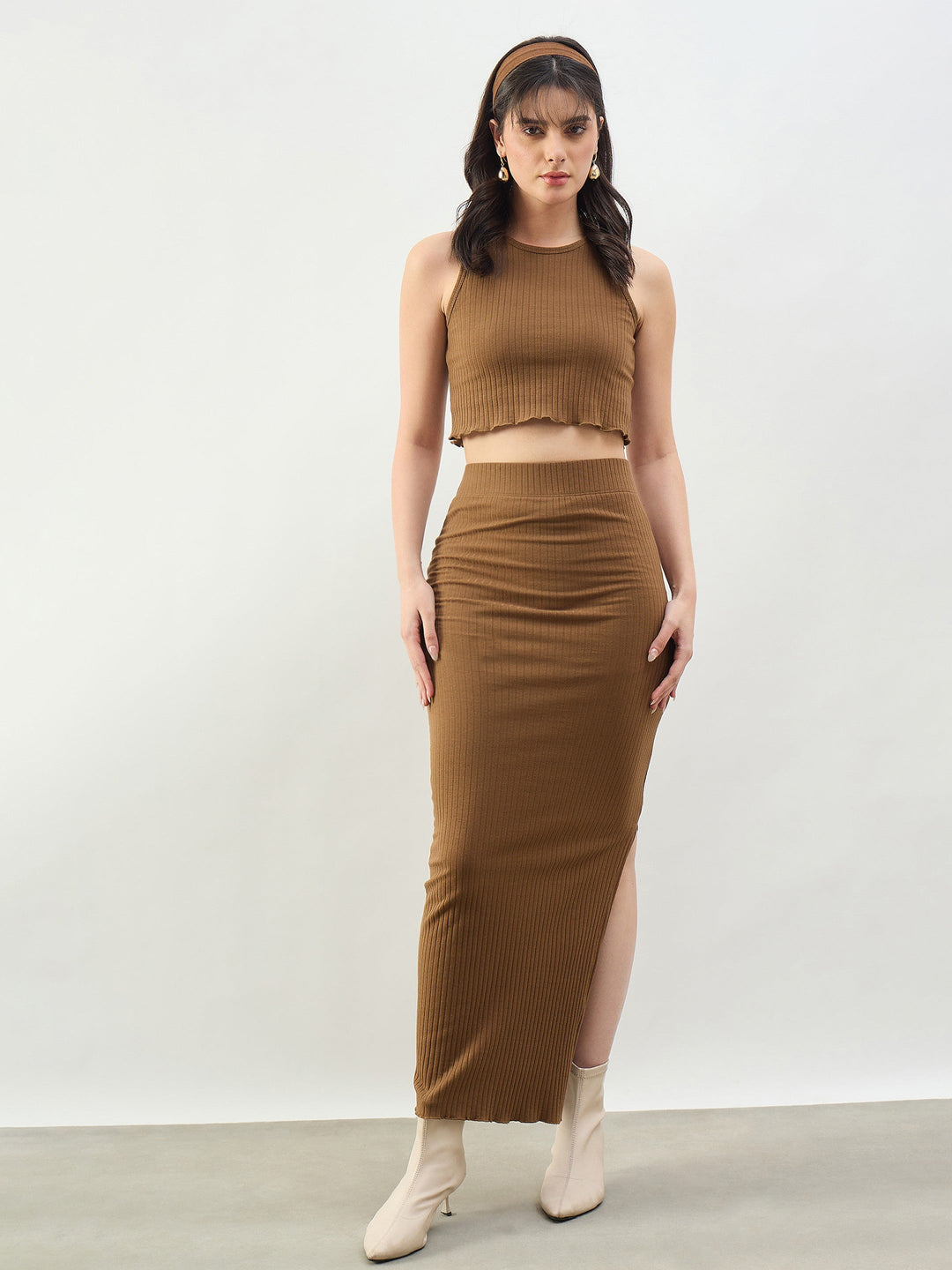 Women Tan Rib Crop Tank Top With Pencil Skirt