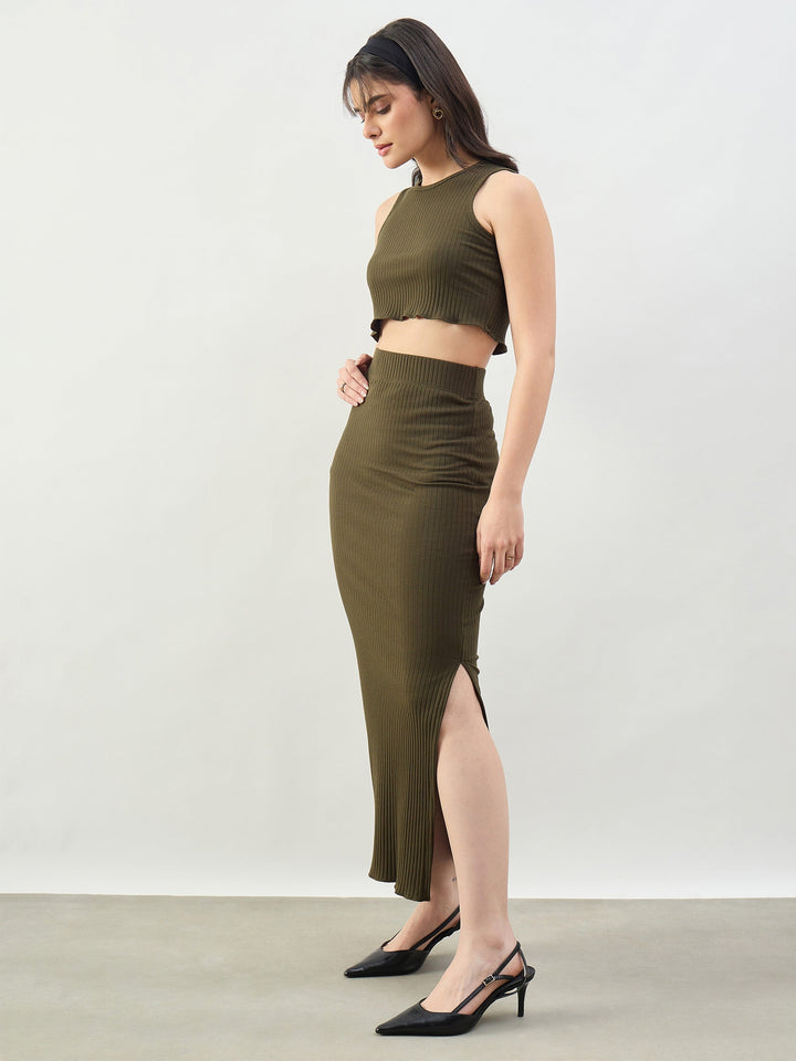 Women Olive Rib Crop Tank Top With Pencil Skirt