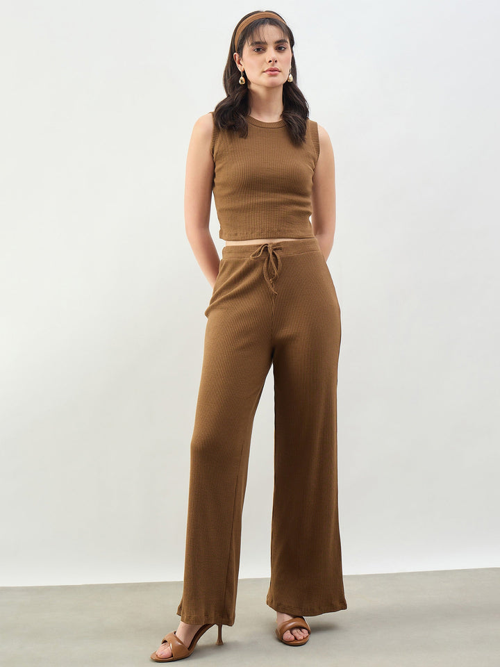 Women Tan Rib Short Tank Top With Drawstring Pants