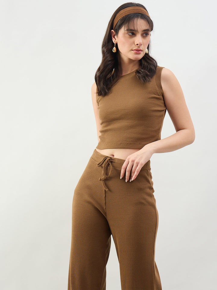 Women Tan Rib Short Tank Top With Drawstring Pants