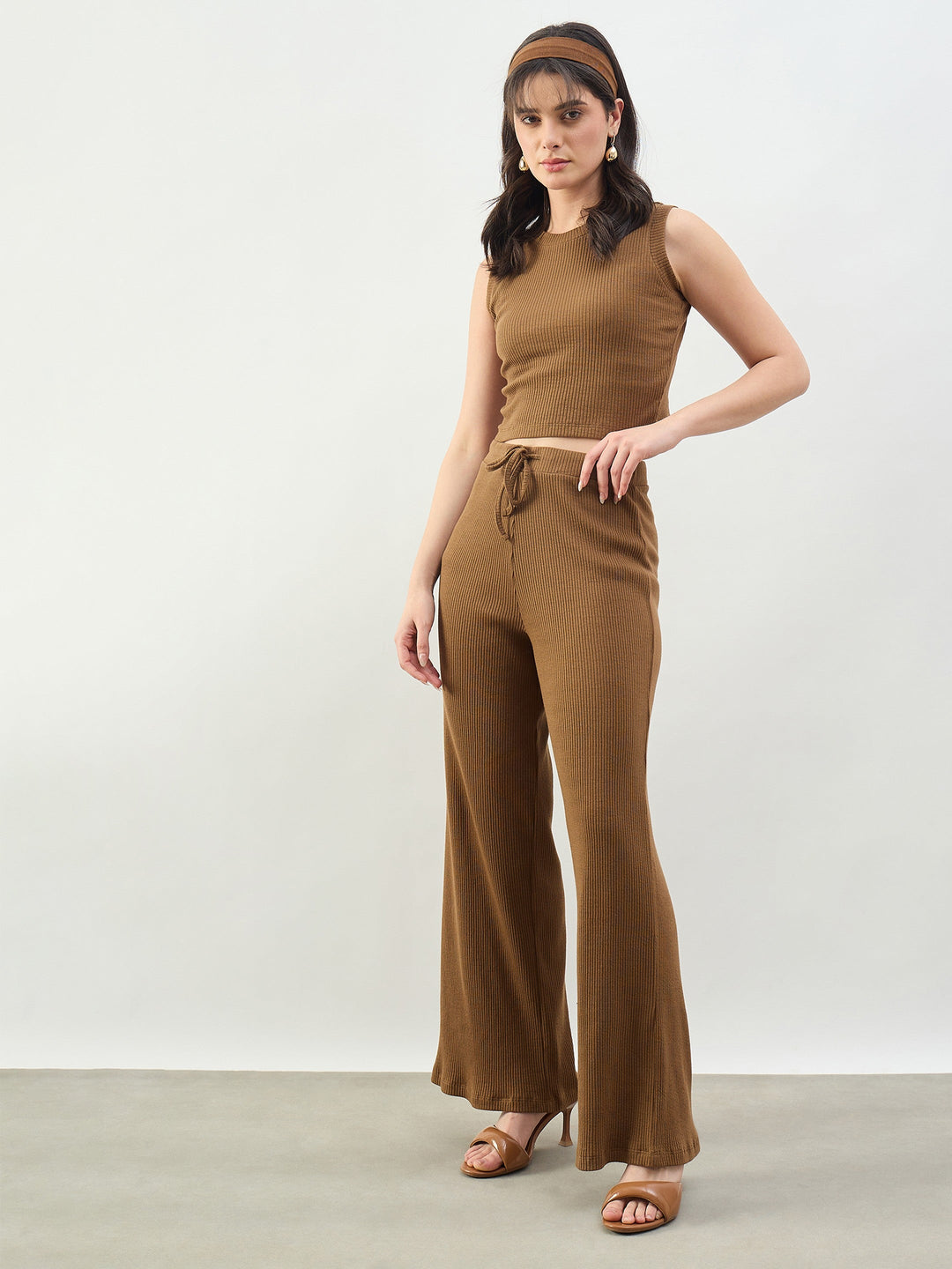 Women Tan Rib Short Tank Top With Drawstring Pants