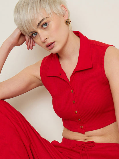 Women Red Rib Polo Neck Crop Top
