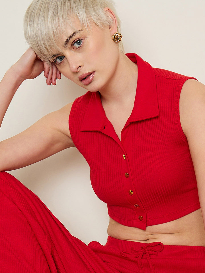 Women Red Rib Polo Neck Crop Top