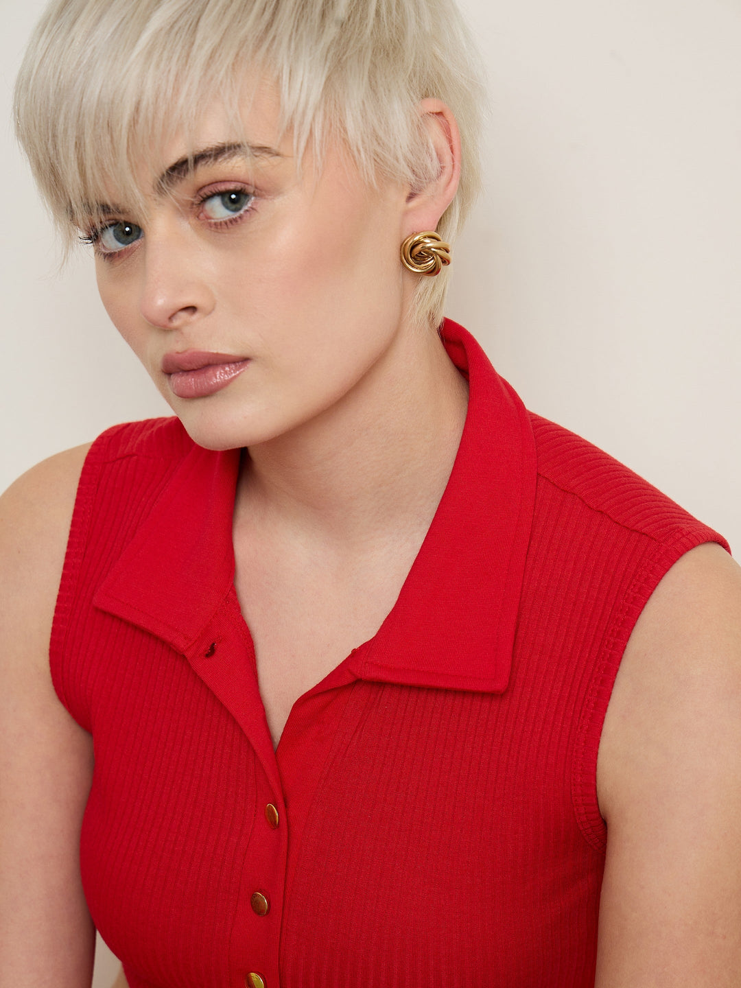 Women Red Rib Polo Neck Crop Top