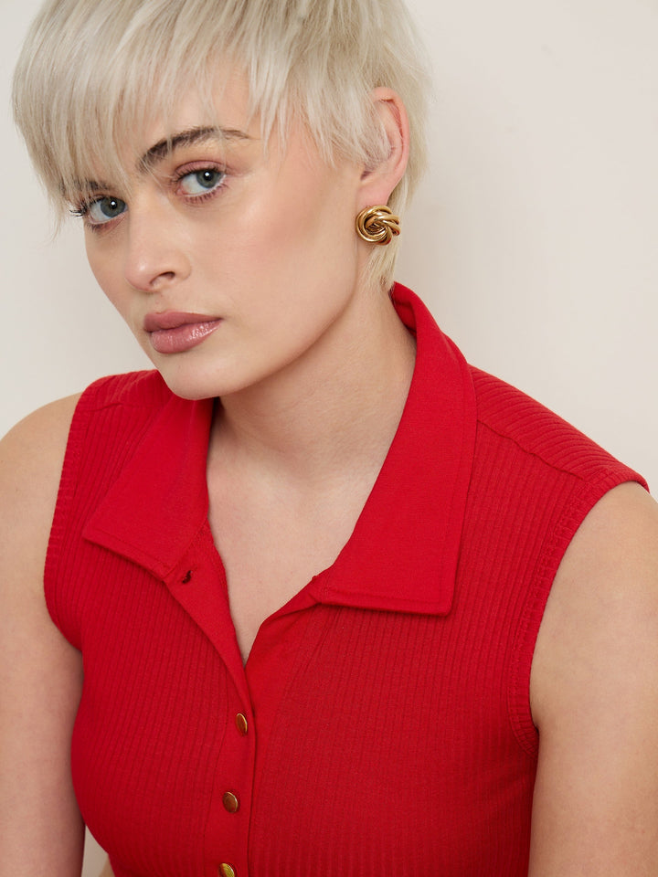 Women Red Rib Polo Neck Crop Top