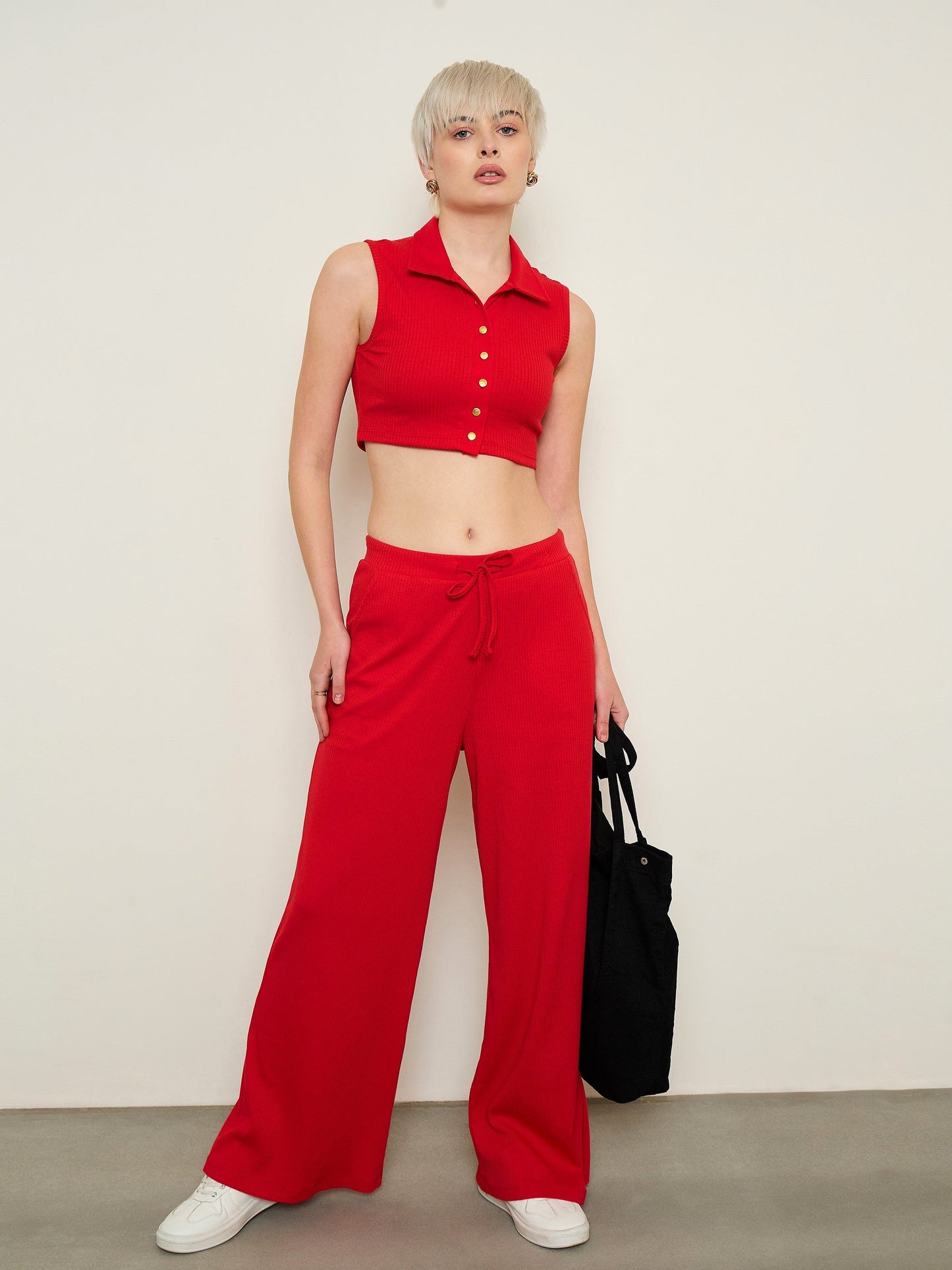 Women Red Rib Polo Neck Crop Top With Drawstring Pants