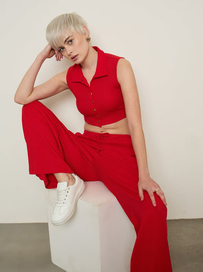Women Red Rib Polo Neck Crop Top With Drawstring Pants