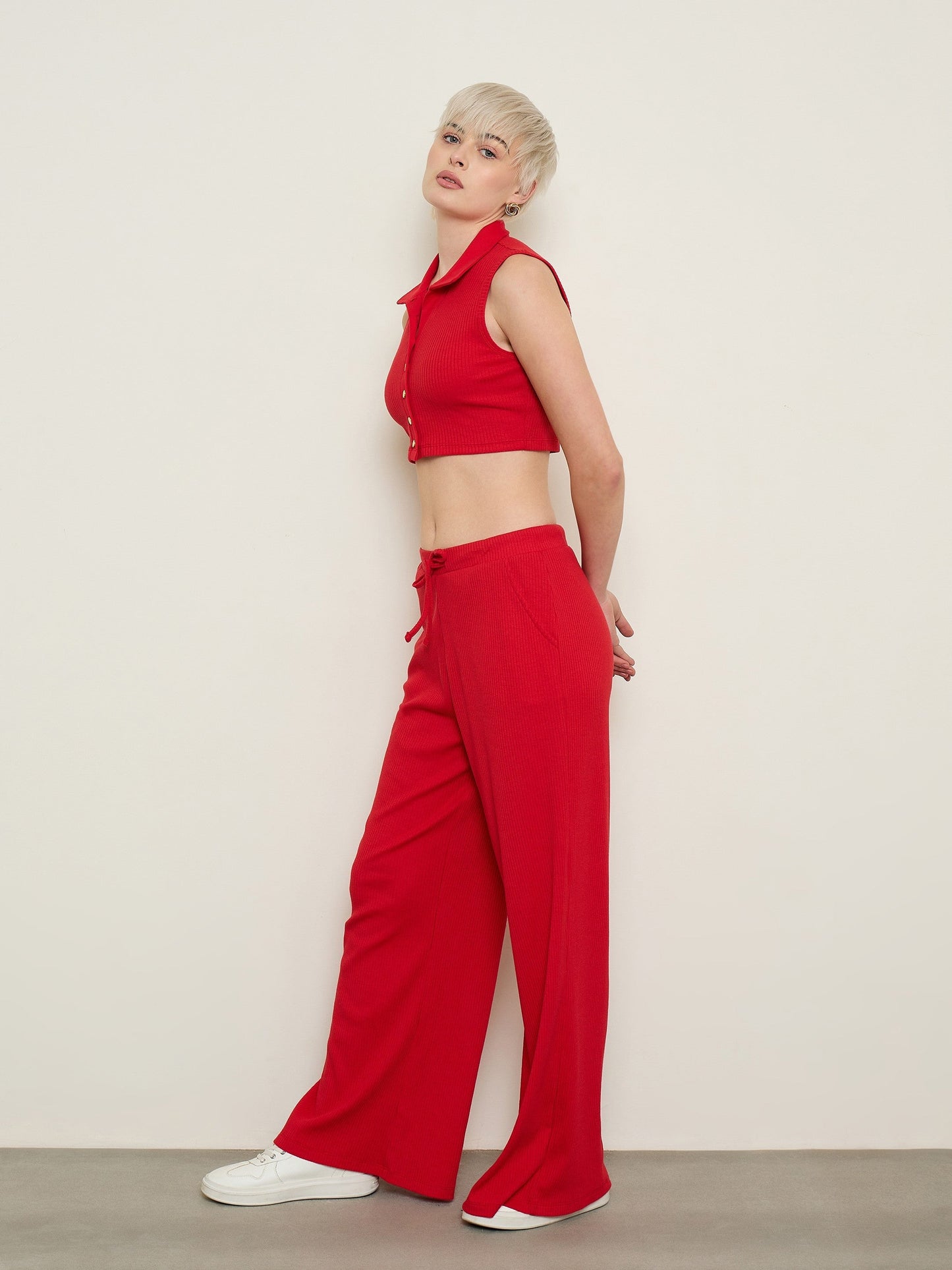 Women Red Rib Polo Neck Crop Top With Drawstring Pants