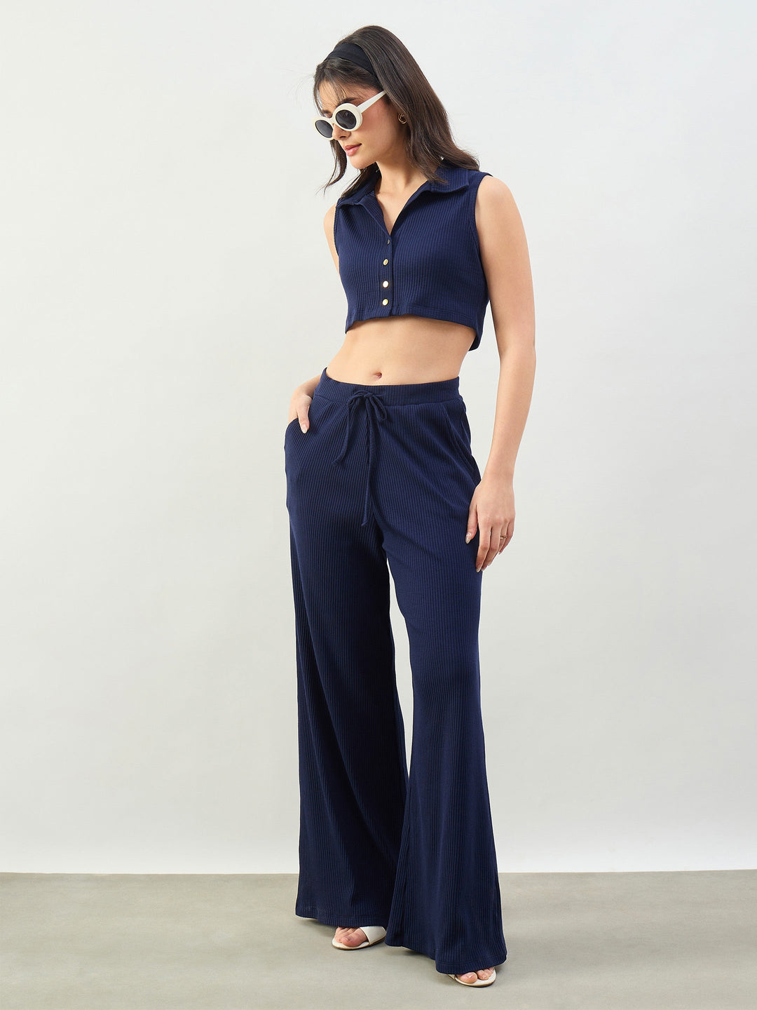 Women Navy Rib Polo Neck Crop Top