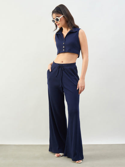 Women Navy Rib Polo Neck Crop Top