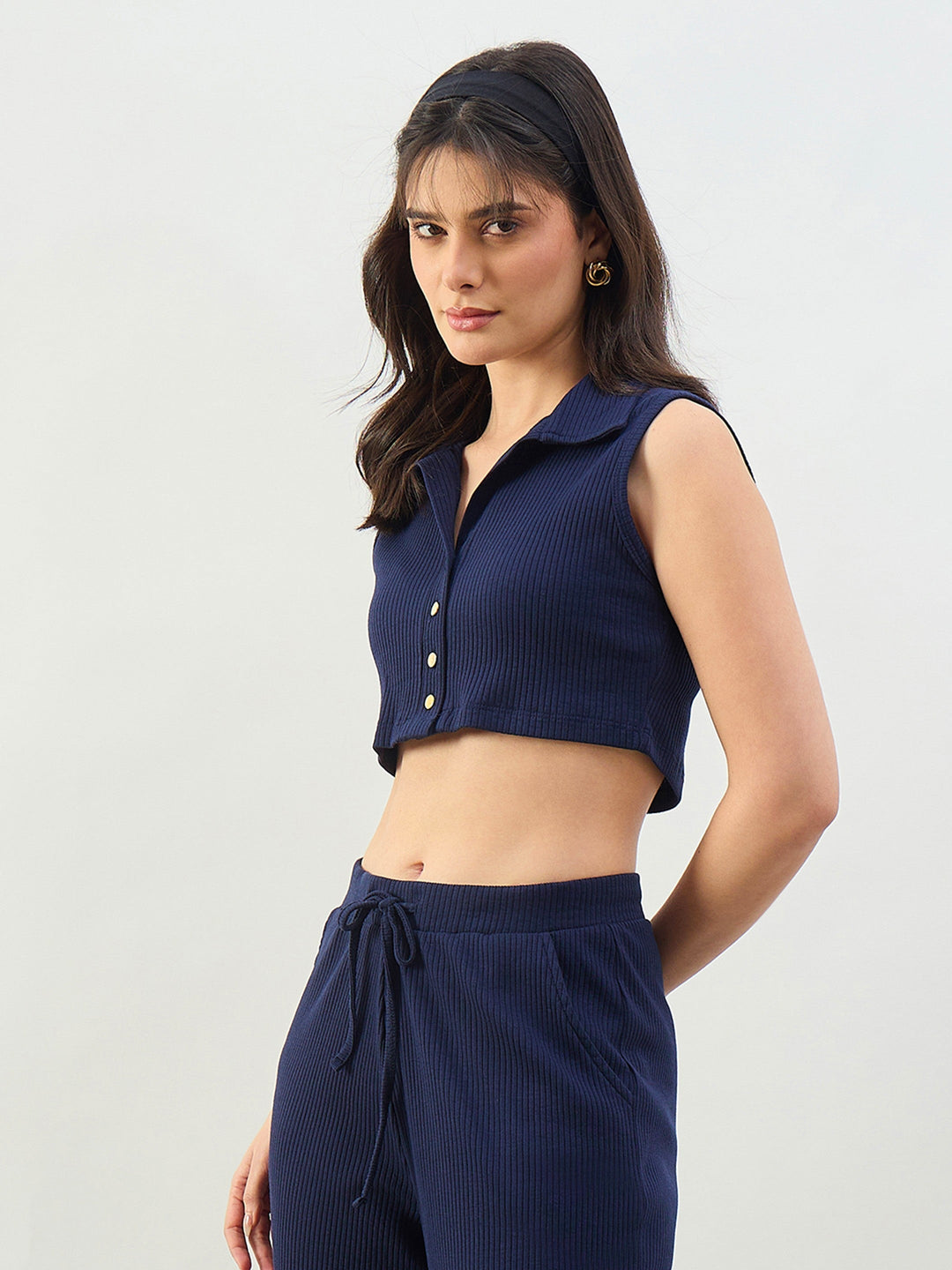 Women Navy Rib Polo Neck Crop Top