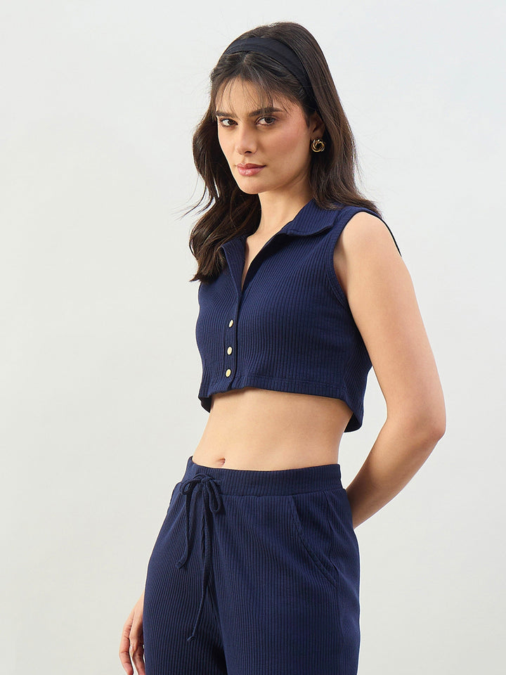 Women Navy Rib Polo Neck Crop Top