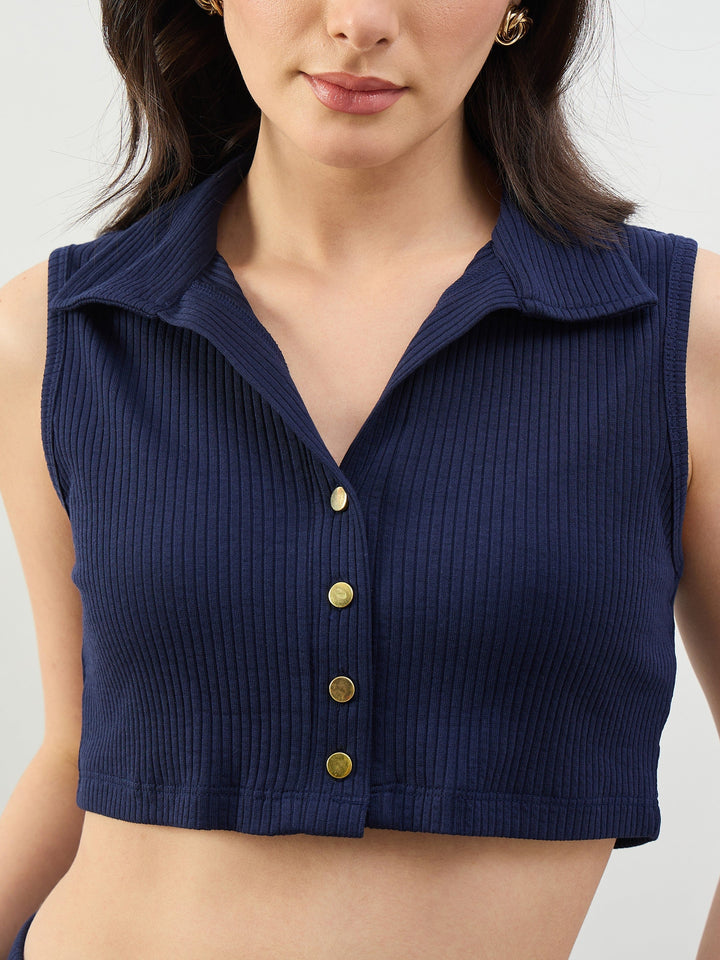 Women Navy Rib Polo Neck Crop Top
