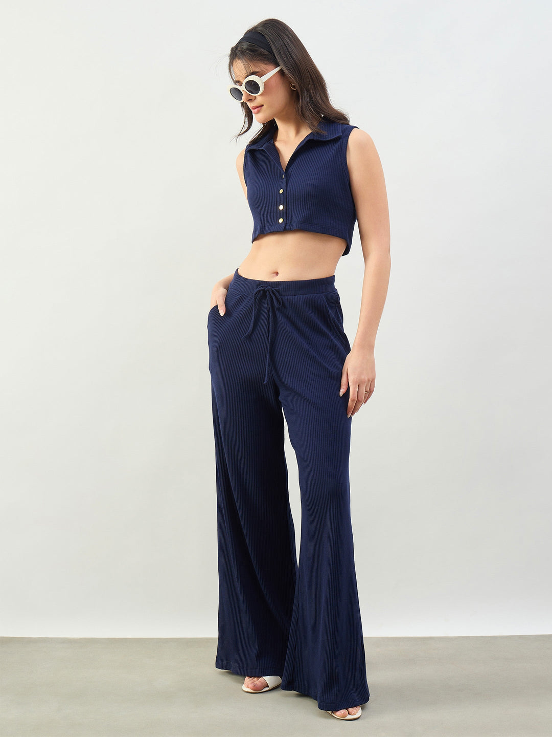 Women Navy Rib Polo Neck Crop Top With Drawstring Pants