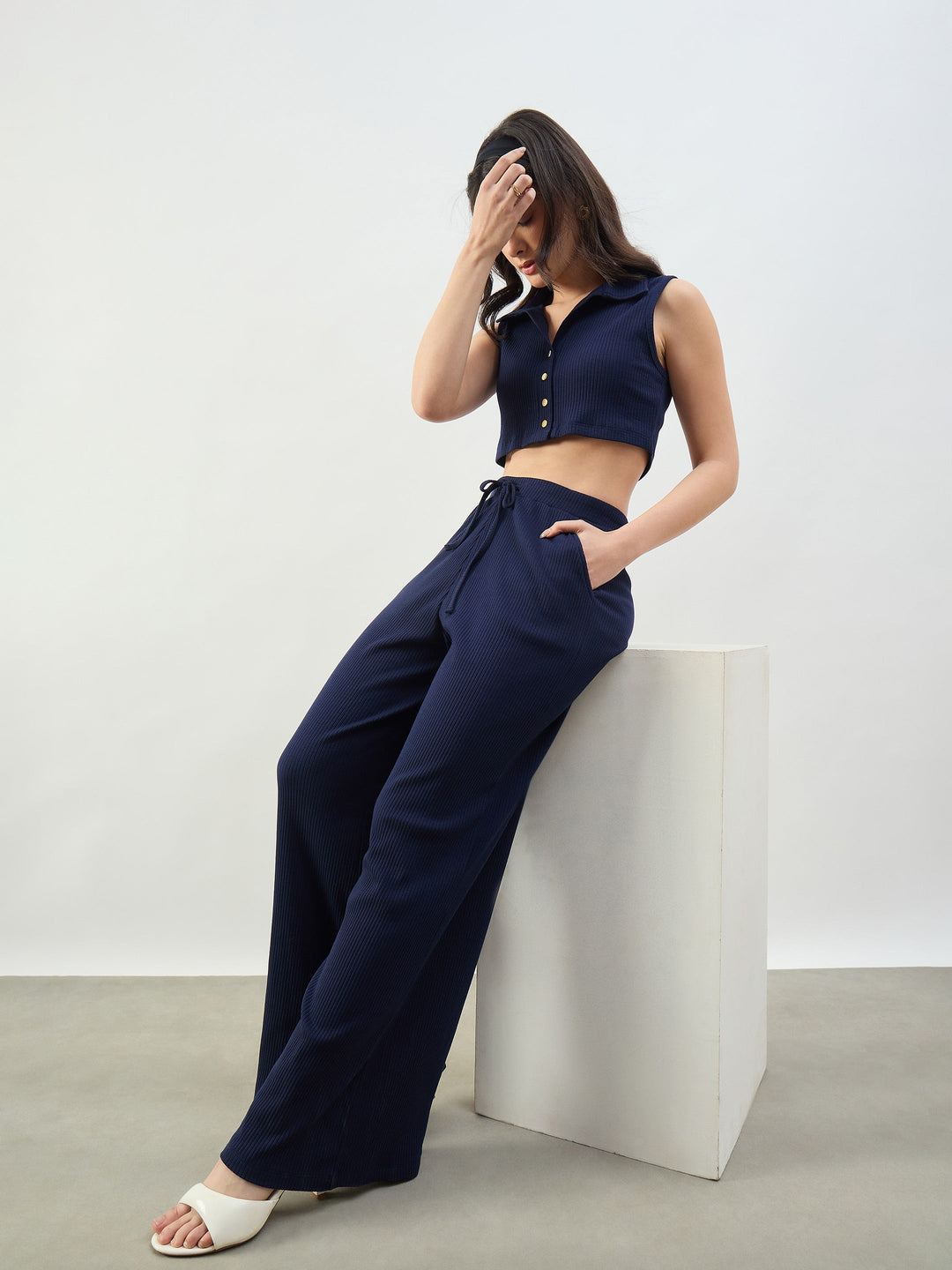 Women Navy Rib Polo Neck Crop Top With Drawstring Pants