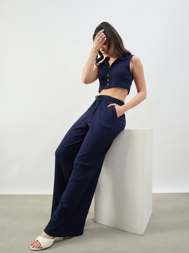 Women Navy Rib Polo Neck Crop Top With Drawstring Pants
