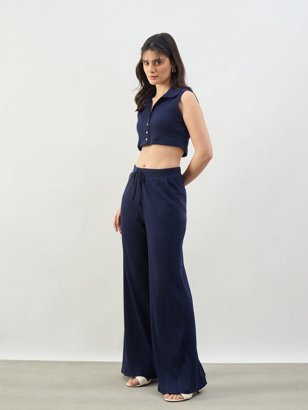Women Navy Rib Polo Neck Crop Top With Drawstring Pants