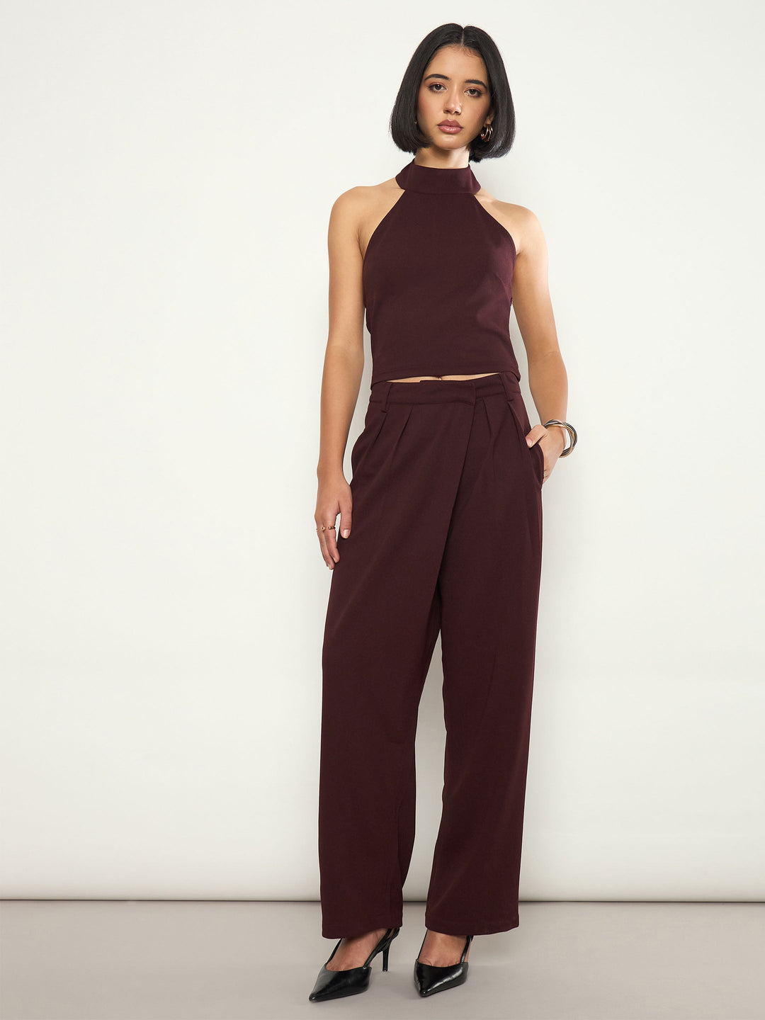 Women Burgundy Halter Neck Top