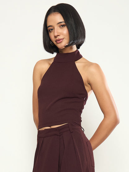 Women Burgundy Halter Neck Top