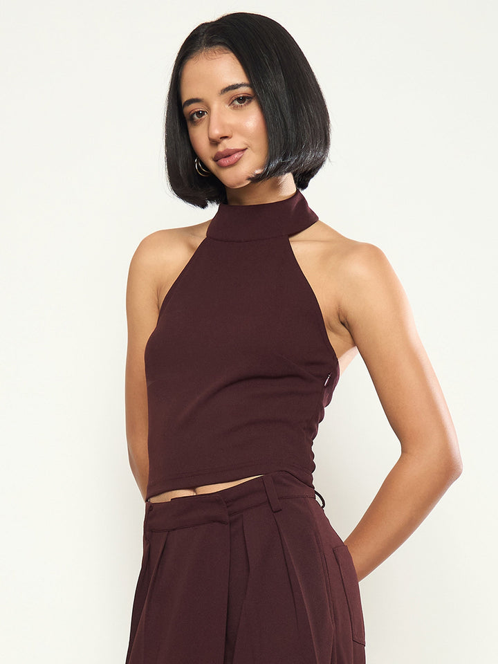 Women Burgundy Halter Neck Top
