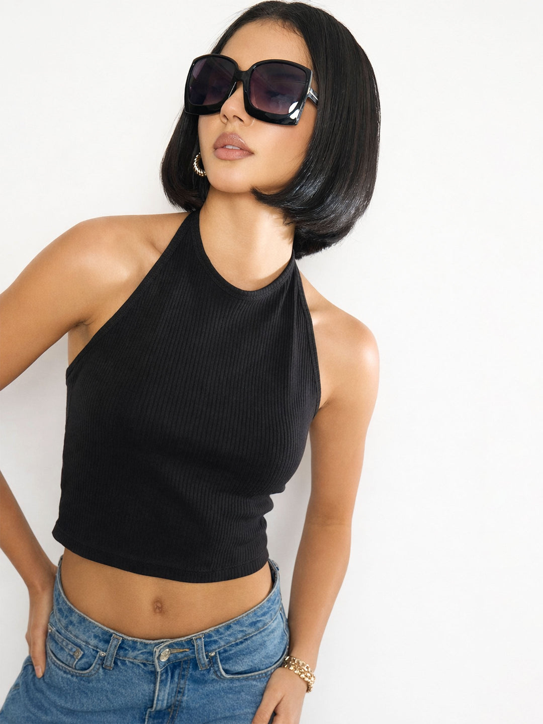 Women Black Rib Halter Neck Crop Top