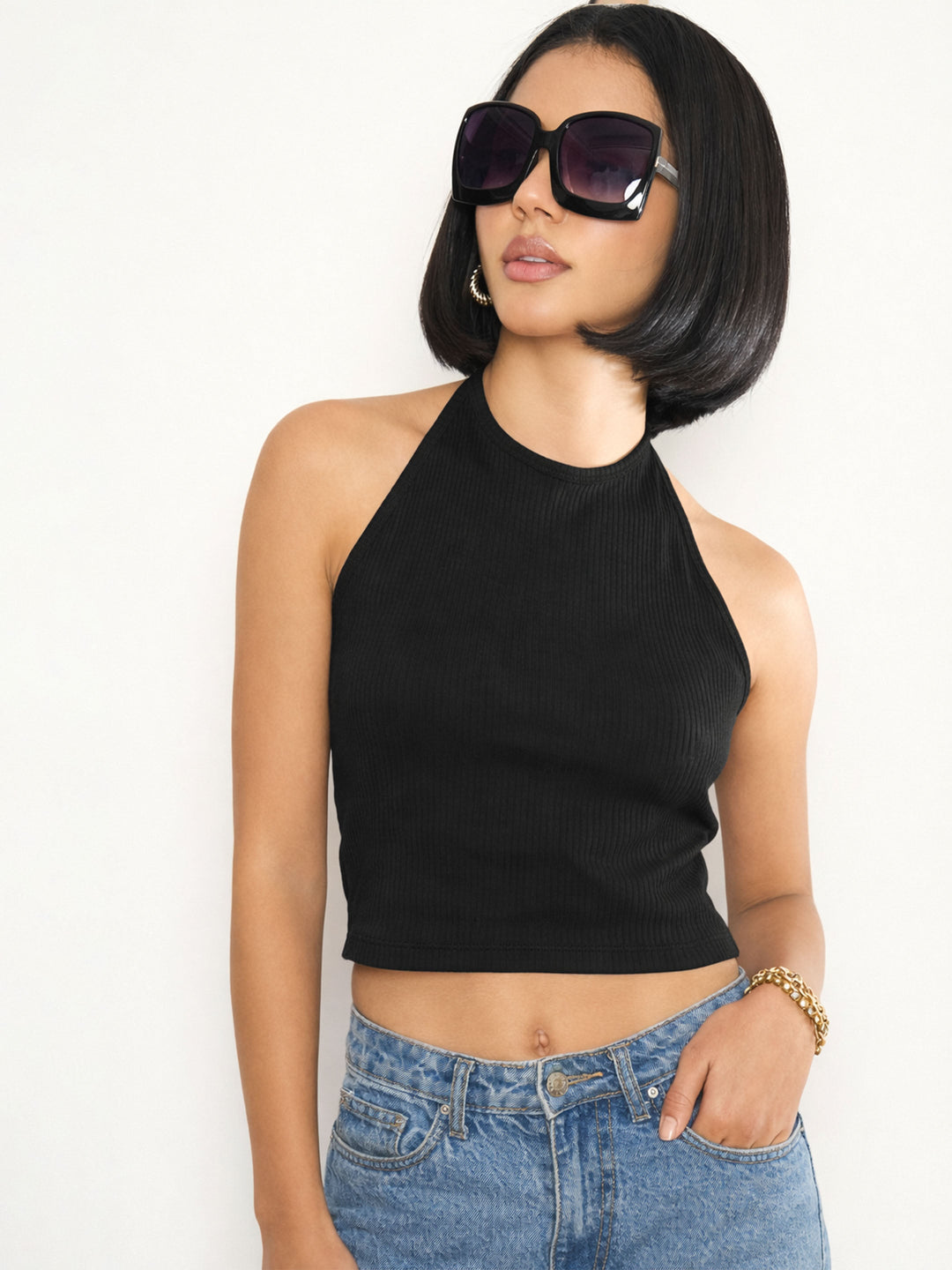 Women Black Rib Halter Neck Crop Top