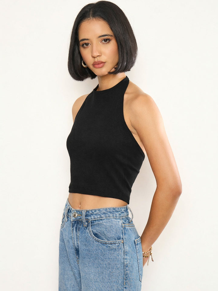 Women Black Rib Halter Neck Crop Top