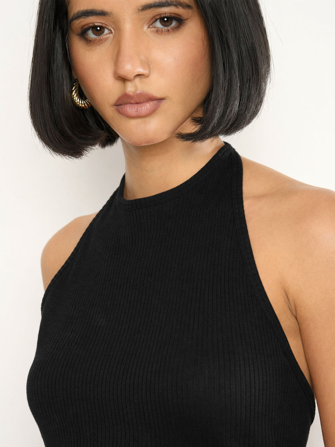 Women Black Rib Halter Neck Crop Top