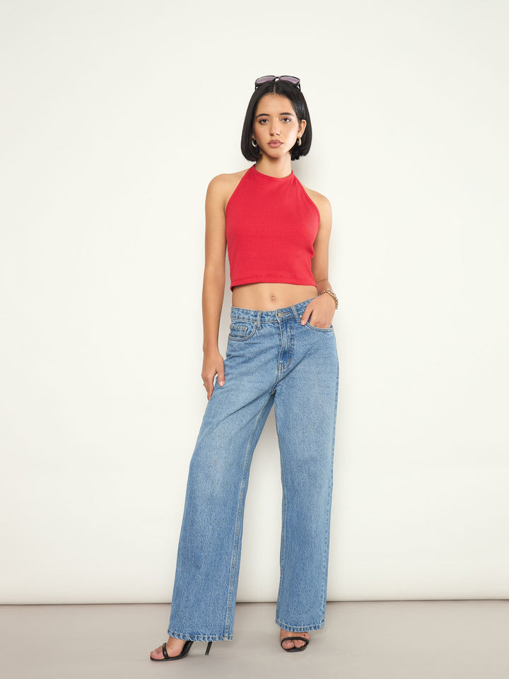Women Red Rib Halter Neck Crop Top