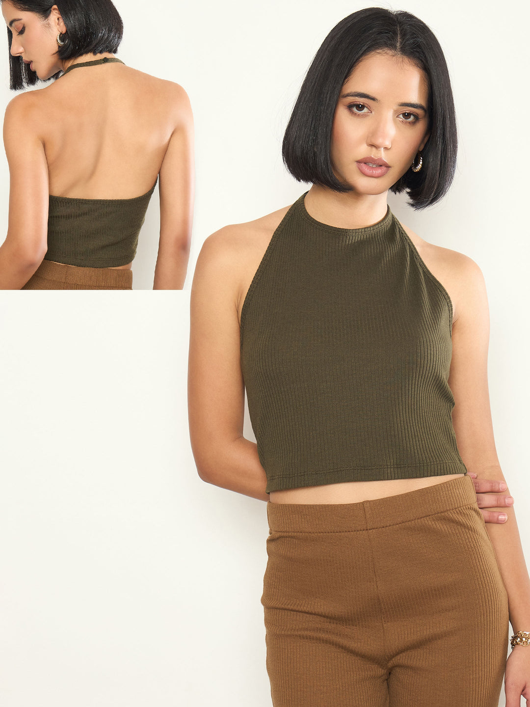 Women Olive Rib Halter Neck Crop Top
