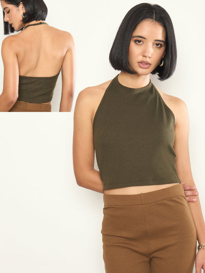 Women Olive Rib Halter Neck Crop Top