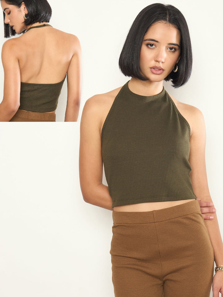 Women Olive Rib Halter Neck Crop Top
