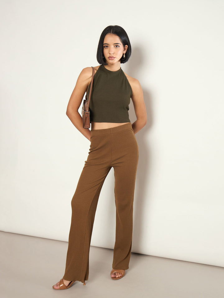 Women Olive Rib Halter Neck Crop Top