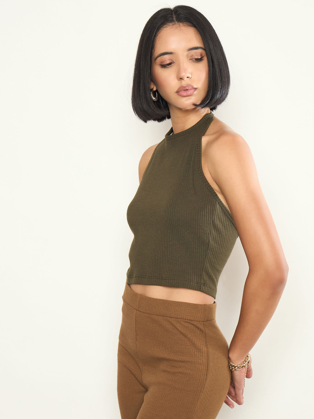 Women Olive Rib Halter Neck Crop Top