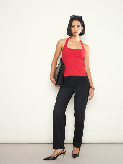 Women Red Rib Halter Neck With Metal Buckle Top