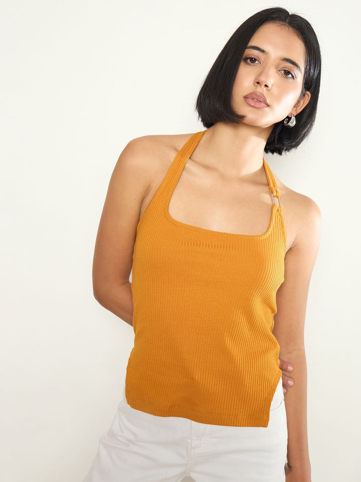 Women Mustard Rib Halter Neck With Metal Buckle Top
