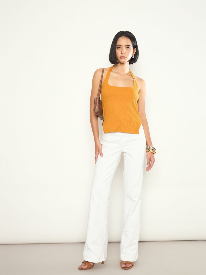 Women Mustard Rib Halter Neck With Metal Buckle Top