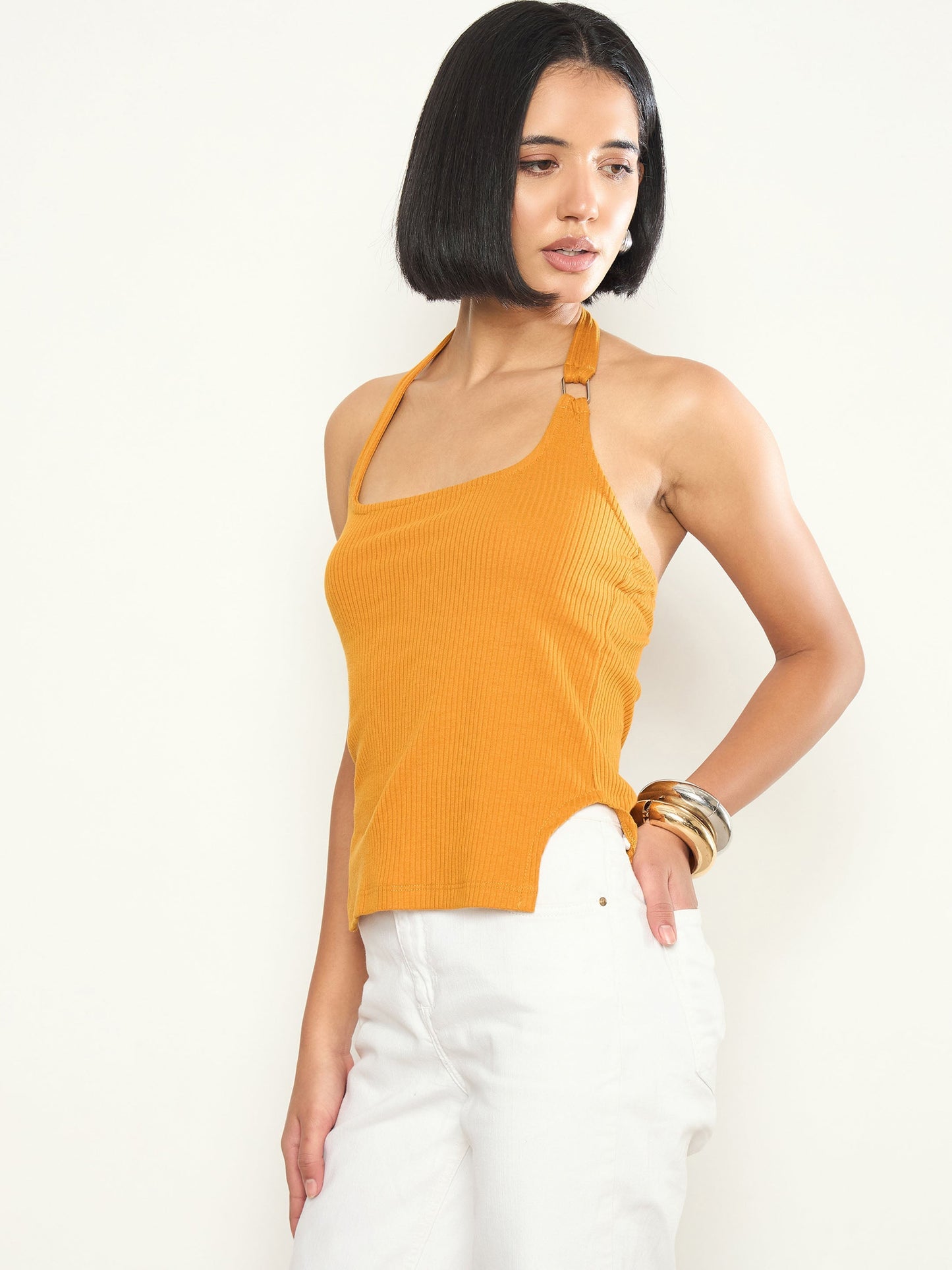 Women Mustard Rib Halter Neck With Metal Buckle Top